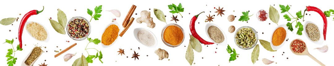 Various herbs, spices, and peppers